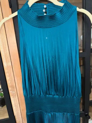ALC Frank Renzo maxi dress Sleeveless Smocked Pleated teal satin high neck wedding thumbnail 9