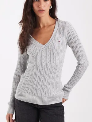 Hollister fitted cable knit V-neck sweater in light gray thumbnail 4
