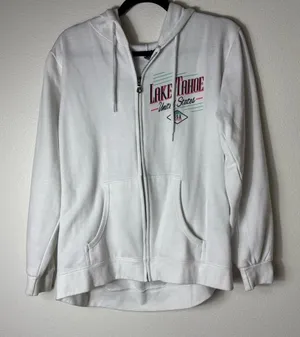 Lake Tahoe White Zip Up Hoodie Womens Large Graphic Full Zip Sweatshirt thumbnail 1
