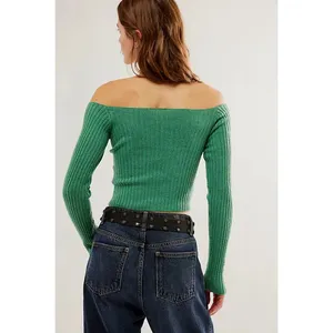 Free People Madeline Green Ribbed Long Sleeve Off The Shoulder Sweater Size S thumbnail 2
