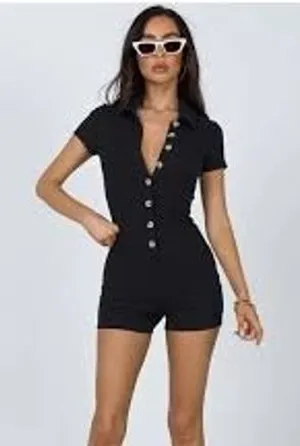 Princess Polly Women Romper 2 Black Ribbed Button Front Short Sleeve Playsuit thumbnail 1