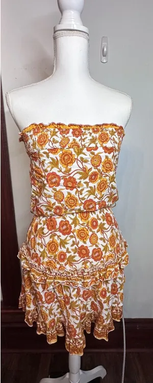Indikah Floral Strapless Mini Dress Orange Yellow Boho S (tie missing) thumbnail 1