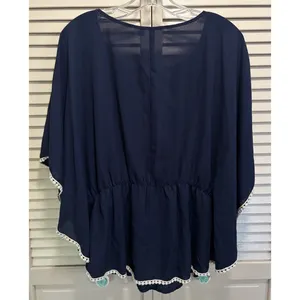Heart Soul Navy Chiffon Crochet Hem Butterfly Sleeve Blouse Size L Lace Elastic thumbnail 5
