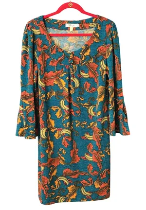 Aryeh Knit Dress Women'sTeal‎ Orange Feather Print Bell Sleeve, Large thumbnail 1