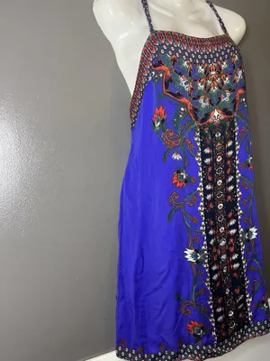 Ecote Dress Womens Large Blue Floral Criss Cross Back Slip Sundress Strappy Boho thumbnail 3
