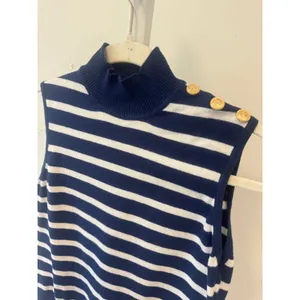 Rafiana Navy White Striped Sleeveless Mock Neck Knit Top Gold Button Detail M thumbnail 3