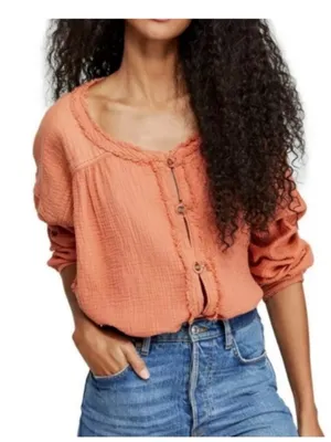 NWT Free People We The Free Button-Front Gauze Shirt/Jacket in Rust Bohemian thumbnail 2