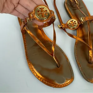 Tory Burch Ali Metallic Orange Sandals Sz 8 Strappy Logo Thong Flats thumbnail 5