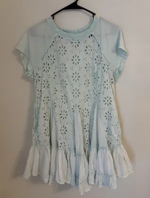 Free‎ People Women's Sadler Mini Dress Eyelet Fabric Ruffle Hem Boho Size Medium thumbnail 1