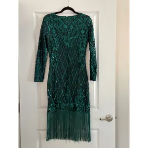 Unique Vintage 1920s Margaux Emerald Green Sequin Fringe Flapper Dress Small 4 thumbnail 5