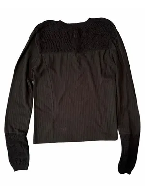Free People M Black "Colette" Long Sleeve Pointelle Ribbed Crochet Knit Top thumbnail 3