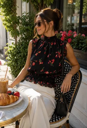 J.Crew Floral Smocked High Neck Ruffle Sleeveless Blouse Black Red Size 2 thumbnail 1