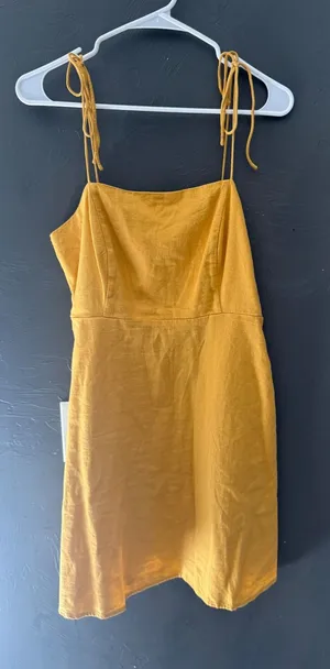 Old Navy Mustard Yellow Linen Blend Smocked Back Tie Strap Mini Dress Womens M‎ thumbnail 1