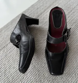 Vintage Merona Black Leather Silver Buckle Square Toe Maryjane Block Heels Shoes thumbnail 1
