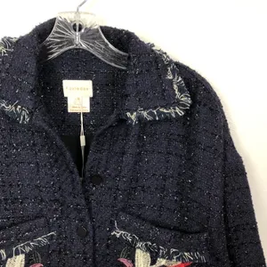 Foxiedox Floral Embroidered Fringe Tweed Jacket Dark Blue Women's Size Medium thumbnail 9
