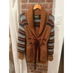 Vintage X-RATED Handknit Statement Cardigan Striped Sleeves Belted M thumbnail 8