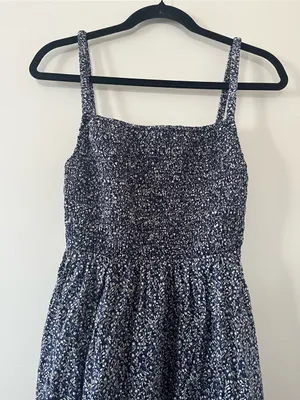 Old Navy 100% Cotton Navy Blue Floral Smocked Midi Dress Large Coastal thumbnail 2