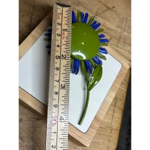 Vintage Blue & Green Flower Brooch Pin Handmade Glass Beads & Metal Backing thumbnail 4