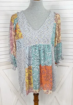 UMGEE Floral Patchwork Print‎ V Neck Chiffon Blouse Grey Multi Medium Boho thumbnail 1