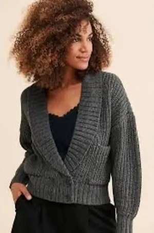 By Anthropologie Gray Chunky Knit Crapped Cardigan Sweater - size XS thumbnail 1