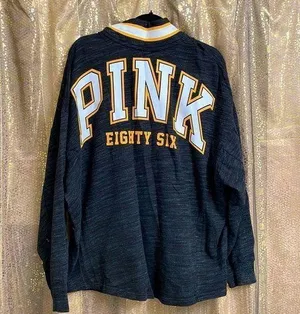 PINK Victoria’s Secret dark gray/white/yellow logo pullover, size L, NWOT thumbnail 1