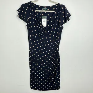 Lauren Ralph Lauren Navy Blue Tan Polka Dot Ruched Sheath Dress‎ Size 8 NWT thumbnail 3