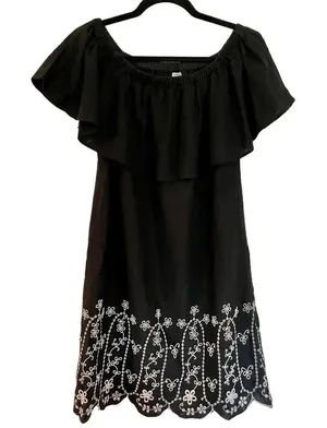 Old navy linen black ruffled neck eyelet hem dress small thumbnail 1