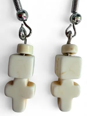 ⁠Handmade Cream Cross & Geometric Cube Bead Drop Earrings thumbnail 3