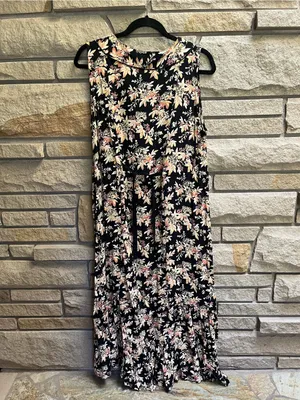 Vintage April Cornell Floral V-Neck Sleeveless Maxi Dress Black/Pink Medium thumbnail 3