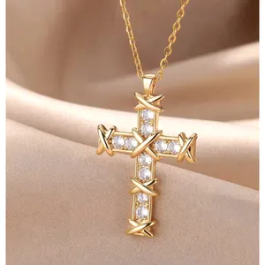 NEW Unisex 18k Gold Filled Plated Simulated‎ Diamond Cross Necklace, 16-18” thumbnail 10