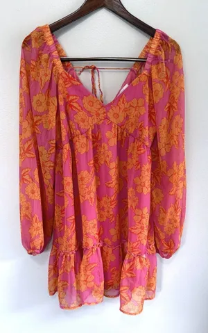 Big Water Blue Sky Pink Floral Chiffon Long Balloon Sleeve Mini Dress Sz M thumbnail 1