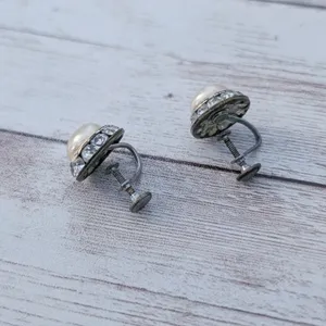 Vintage Screw On Earrings Faux Pearl with Clear Gem Halo - Heavy Tarnish/Wear thumbnail 5