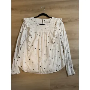 LOFT Blouse White M Womens Heart Print Ruffle Smocked Swiss Dot Long Sleeve thumbnail 10