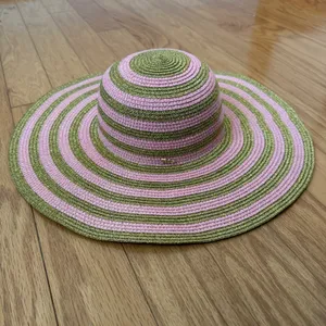 Juicy Couture‎ OS Pink Gold Stripe Straw Sun Hat Wide Brim Metallic Logo Beach thumbnail 8