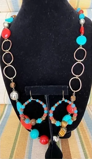 Chunky Turquoise Orange Beaded Rustic Necklace and Earrings Bohemian Jewelry Set thumbnail 1