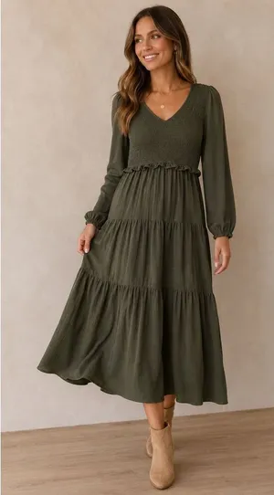 Doe and Rae Olive Smocked Midi Dress Small Cottagecore Boho thumbnail 1