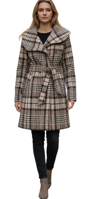 Soia & Kyo Wool Plaid Belted Fall Coat Oversized Asymmetrical Collar Canadian M thumbnail 1