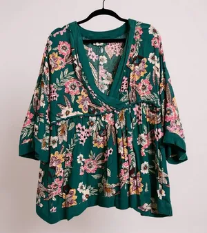 Floral Print Teal Surplice Wrap Blouse 1X By Maurices With 3/4‎ Sleeves & Empire thumbnail 1