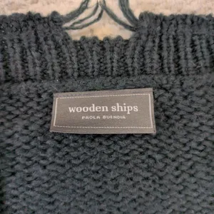 Wooden Ships Paola Buendia Distressed V-Neck Mohair Wool Knit Sweater‎ Green S/M thumbnail 5