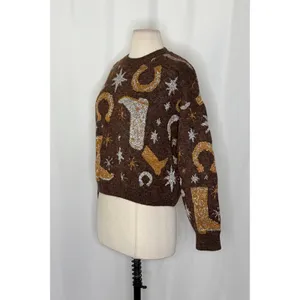 ZARA Western Cosmic Cowboy Boots Stars Jacquard Sweater Metallic Crewneck Small‎ thumbnail 7