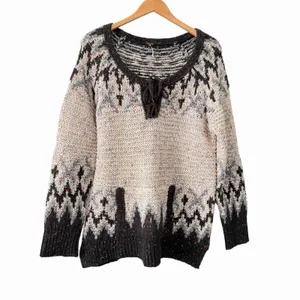 Free People Womens Love‎ Bug Nordic Fair Isle Lace Up Sweater Size L Lodgecore thumbnail 3