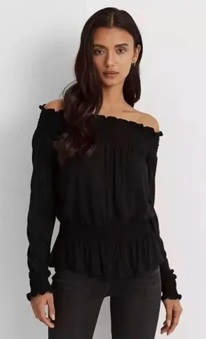Lauren Ralph Lauren Black Off-Shoulder Smocked peplum Blouse S long sleeve thumbnail 1