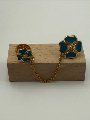 Vintage Blue/Green Enamel Flower Double Lapel Pin Gold Tone Chain Collar Brooch thumbnail 2