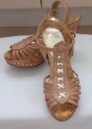 Women’s Tan‎ Wedge Sandals with Decorative Cross-Strap Detail thumbnail 1