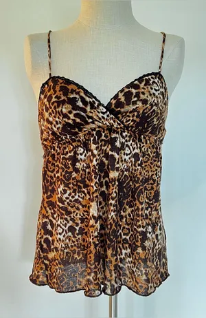 Y2K Leopard Print Spaghetti Strap Babydoll Flowy Top with black lace trim I thumbnail 1