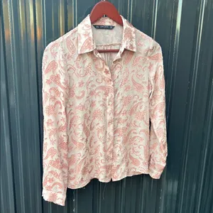 Zara Pink Sheer Paisley Embroidered Collared Button Up Blouse Boho Coast S Small thumbnail 9