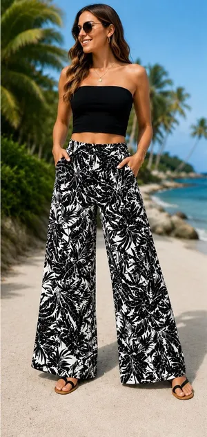Womens M Black White Tropical Print Wide Leg Palazzo Pants Pull On Beach Resort thumbnail 1