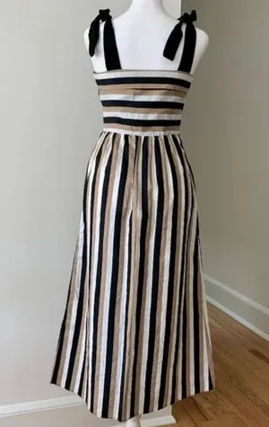 ZARA Beige, White, & Black Striped Self-Tie Strap Midi Dress thumbnail 6