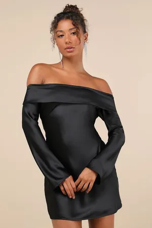 NWT Lulus Luxurious Vision Black Satin Off-the-Shoulder Mini Dress Party Size XL thumbnail 1