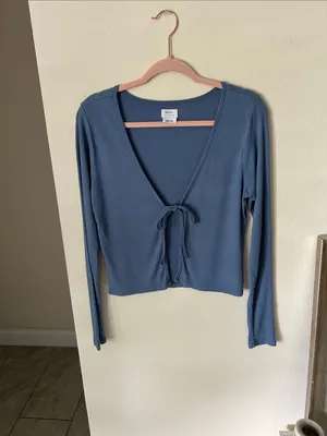 RVCA blue ribbed tie front long sleeve top L Y2K school casual thumbnail 2